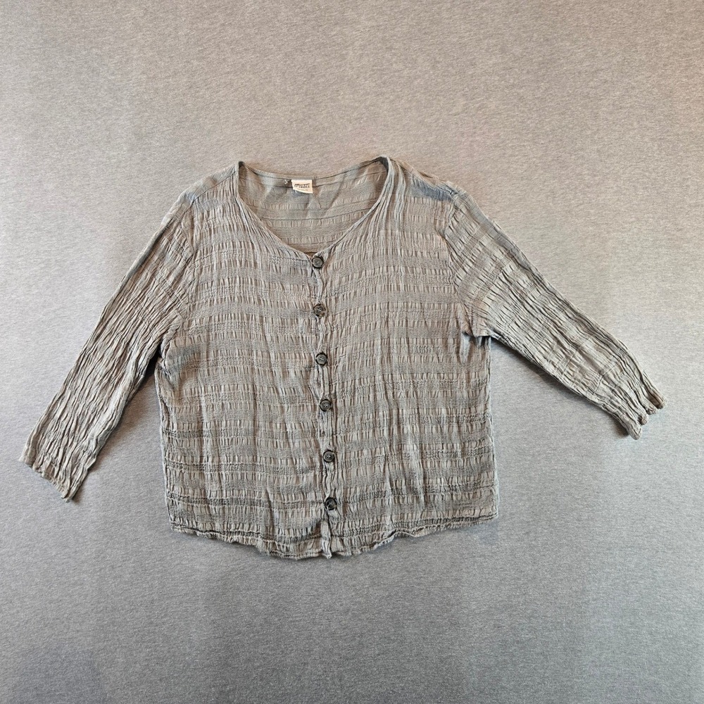 CP Shades Button Front Top Women Large Grey Crinkle Rayon Lagenlook V-Neck